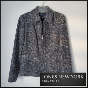 Vintage Women's Wool Blazer Jacket Zip Up Woven Knit Grey White Tweed JONES NY